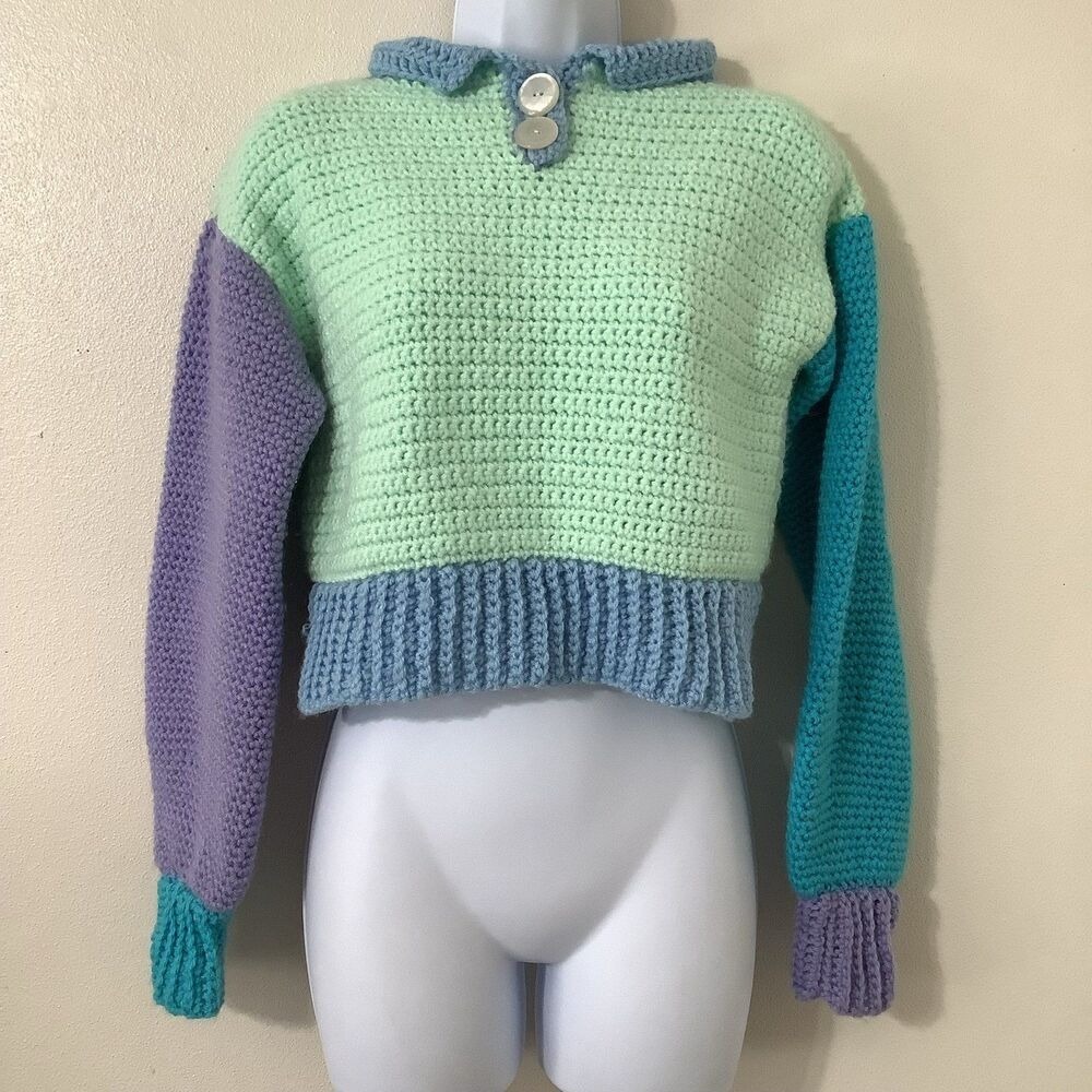 Handknit Colorblock Sweater‎ Size XS Cropped Preppy Pastel Knitted Unique Autumn